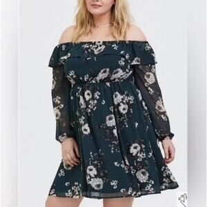 Torrid Green Floral Chiffon Off-Shoulder Skater Dress Size 1 NWT Summer